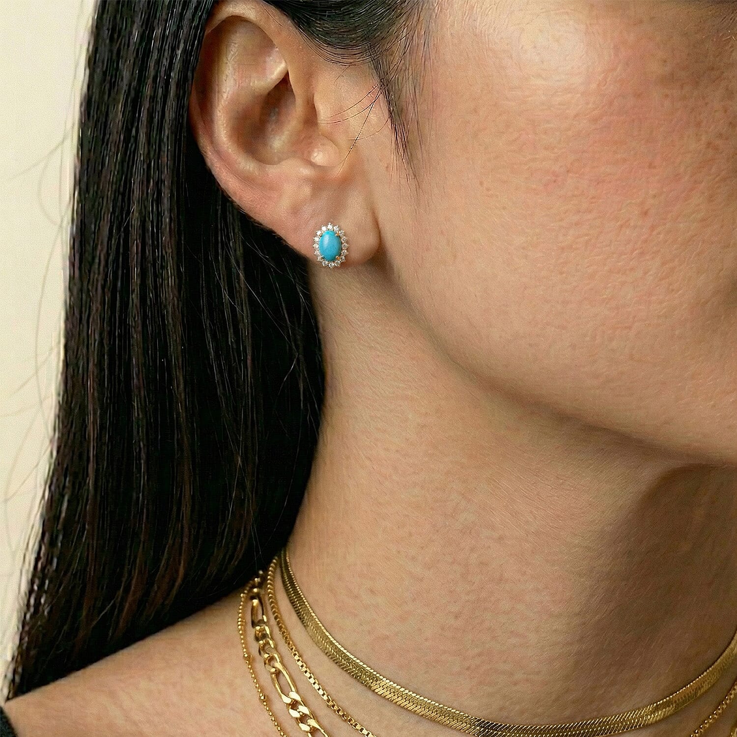 Arizona Sleeping Beauty Turquoise & Natural Cambodian Zircon Earrings with Push Back in 18K Vermeil Yellow Gold Plated Sterling Silver 1.89 Ct.
